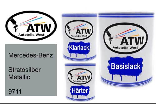 Mercedes-Benz, Stratosilber Metallic, 9711: 1L Lackdose + 1L Klarlack + 500ml Härter - Set, von ATW Autoteile West.